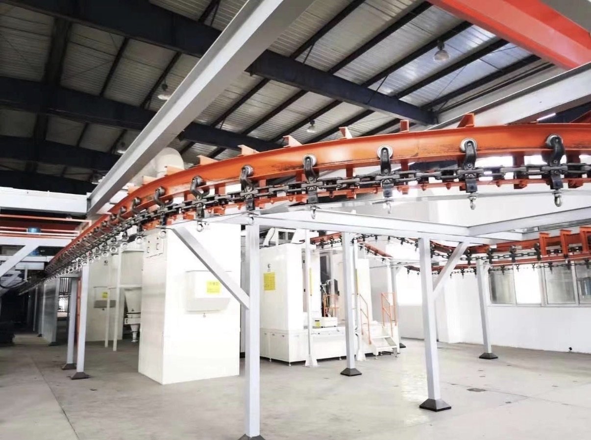 Automatic I-beam powder coating plant with overhead conveyor