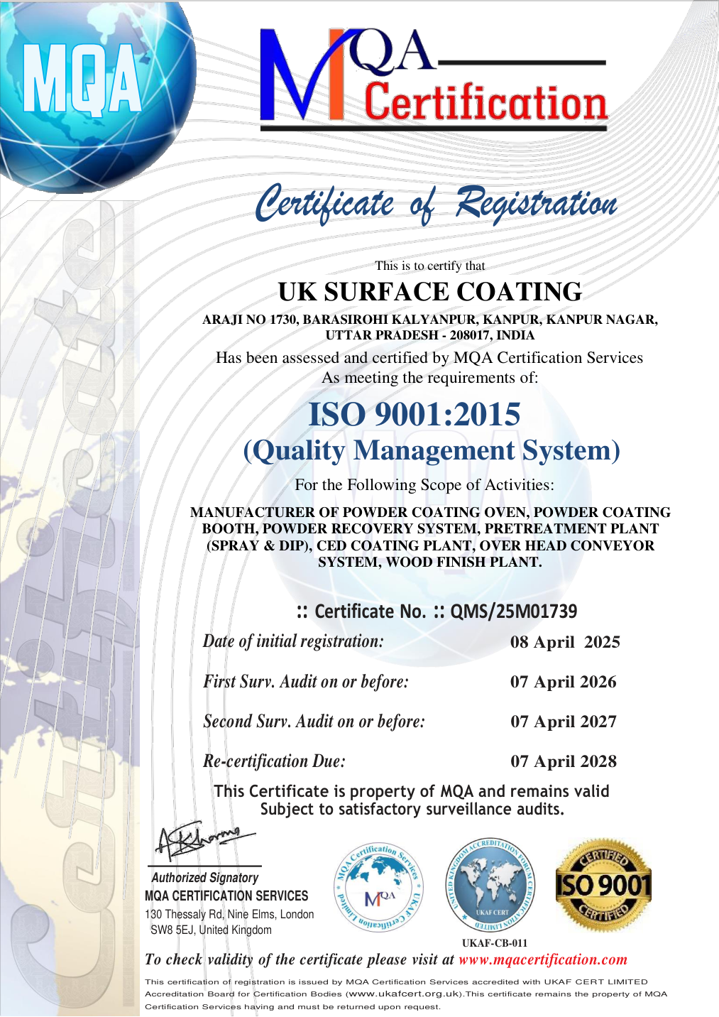 UK Surface Coating ISO 9001:2015 certificate