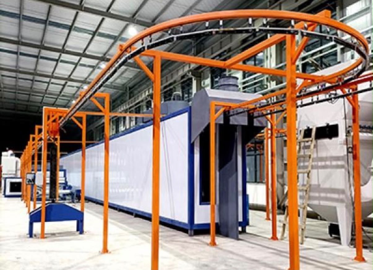 Overhead conveyor around industrial curing oven