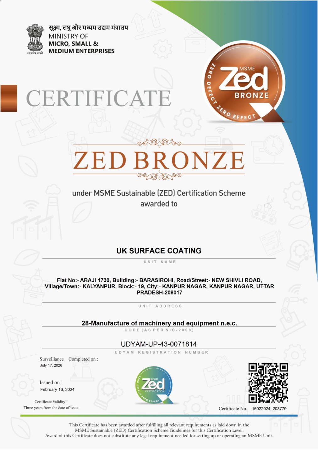UK Surface Coating ZED Bronze certificate